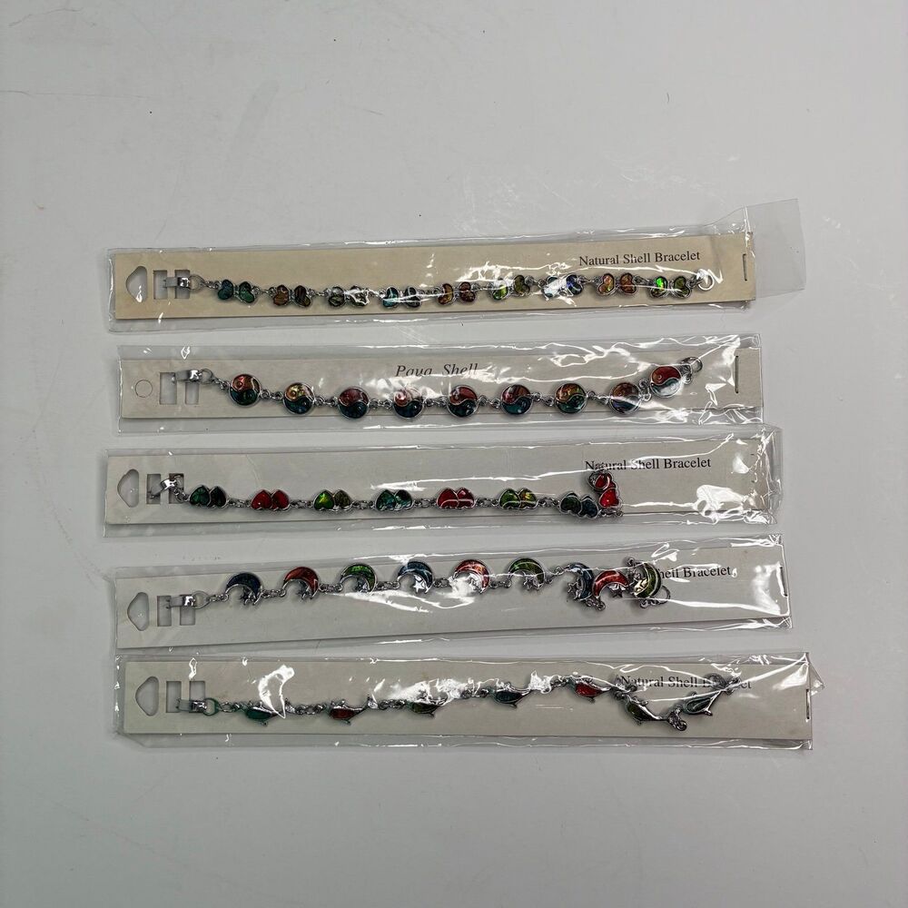Lot Of 5 Assorted NATURAL PAUA SHELL CHARM BRACELET MULTI COLOR Dolphin Hearts